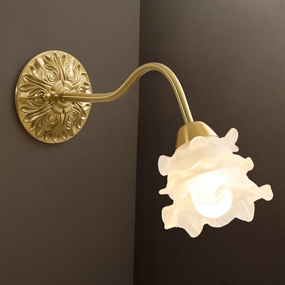 Retro Vintage Wall Light, Gold Bathroom Sconce Hardwired Vanity, Glass Flower